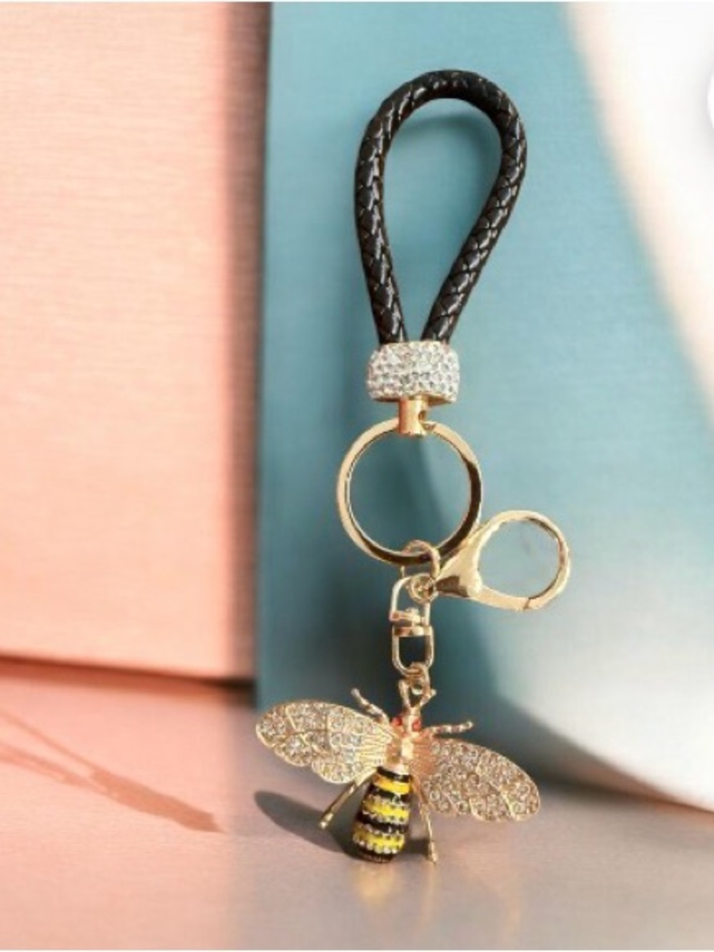 Gold Bee Keychain with Black Braided Loop -New
